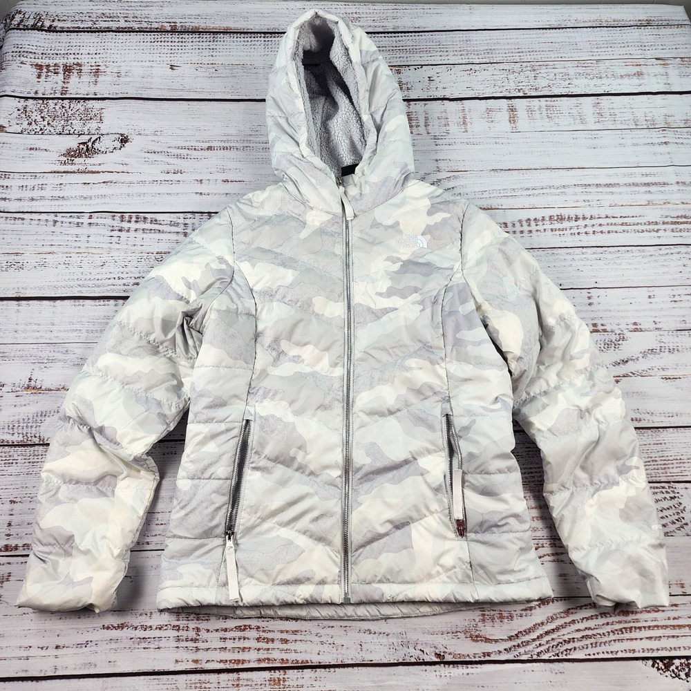 The North Face Roxborough Luxe Jacket Womens M White Gray Camo 550 Down Fleece
